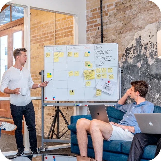 Team discussing strategy near a whiteboard